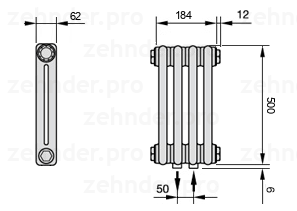 Схема (чертеж) Радиатор Zehnder Charleston 2050/4 №5410 Белый глянцевый RAL 9016